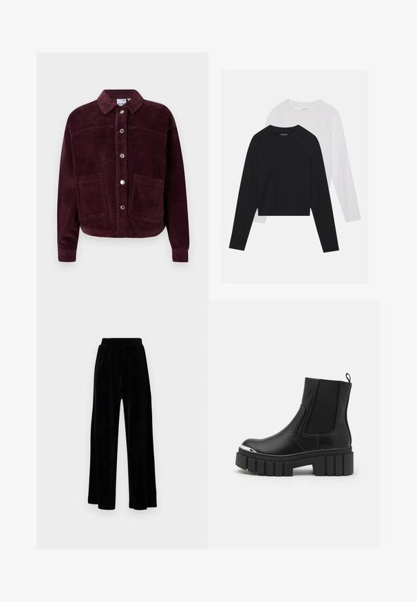 Sarkanbura džinsu jaka ar apkakli, priekšējo pogu aizdari un divām lielām kabatām. Iezīmējas ar teksturētu audumu un īsu piegriezumu.; Divas garām piedurknēm krekli: viens melns un viens balts. Abiem ir apaļa izgriezne, raglanu piedurknes un mīksta kokvilnas maisījuma audums.; Melni platajā stila bikses, izgatavotas no mīksta samta, ar elastīgu jostu un gludu tekstūru, bez redzamām detaļām vai rakstiem.; Melnas potītes botas, izgatavotas no gludas ādas, ar elastīgām paneļām, biezu platformas zoli un metalizētu purngali.