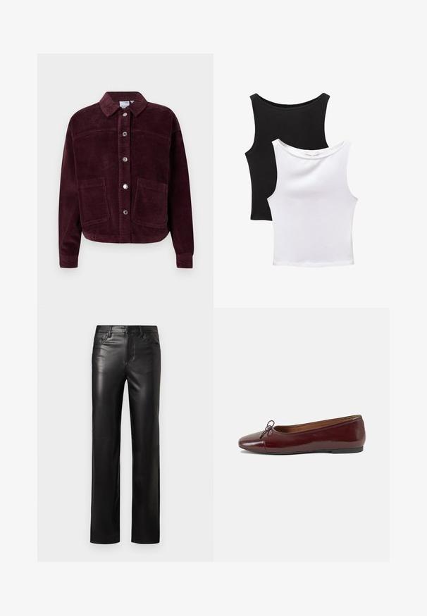 Burgunderfarbige Cordjacke mit Kragen, vorderem Knopfverschluss und zwei großen aufgesetzten Taschen. Aus strukturiertem Stoff und im cropped Schnitt gefertigt.; Zwei ärmellose Oberteile in Schwarz und Weiß, aus Baumwolle gefertigt. Sie verfügen über runde Ausschnitte und ein tailliertes Design mit glatter Textur.; Schwarze Lederhosen mit geradem Schnitt, ausgestattet mit einem Knopfverschluss und frontalen Taschen. Glatte Textur mit dezenten Nähdetails.; Burgunderfarbenes, lackiertes Ballettschuh mit abgerundetem Zehenbereich, kleiner Schleifenakzent vorne und einer niedrigen, schwarzen Gummisohle. Glatte Textur.