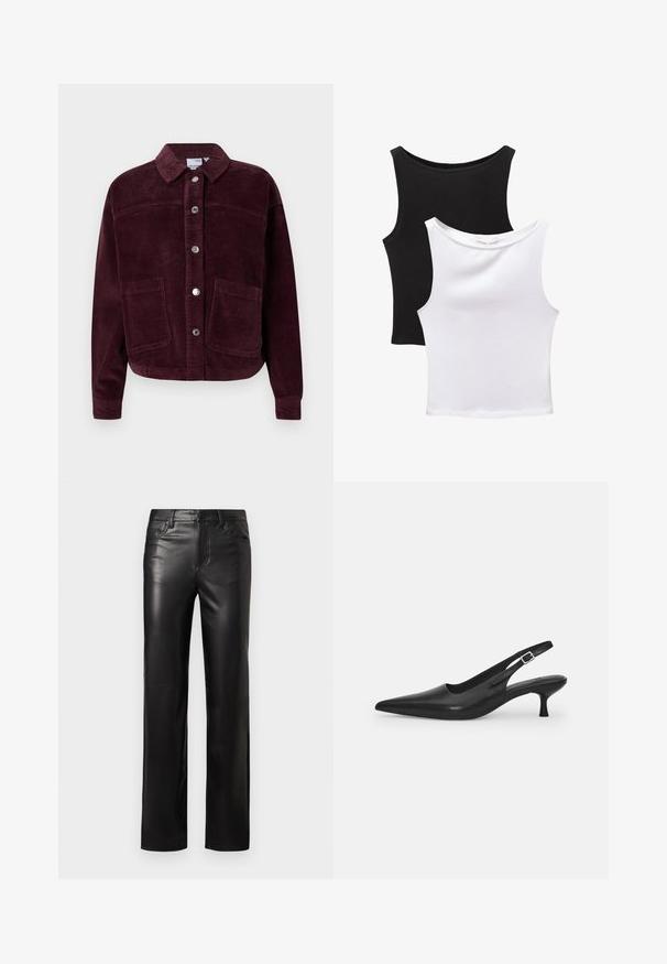 Bavlněná koženka v burgundské barvě s límcem, předním zapínáním na knoflíky a dvěma velkými náprsními kapsami. Vyznačuje se texturovanou tkaninou a zkráceným střihem.; Dvě bezrukávové topy v černé a bílé barvě, vyrobené z bavlny. Mají kulaté výstřihy a přiléhavý střih s hladkou texturou.; Černé kožené kalhoty se střihem rovného střihu, s knoflíkovým zapínáním a předními kapsami. Hladká textura s jemnými detailem šití.; Černá kožená nazouvací bota se špičatou špičkou a štíhlým zakřiveným podpatkem. Obsahuje diskrétní nastavitelný pásek s kovovou sponou.