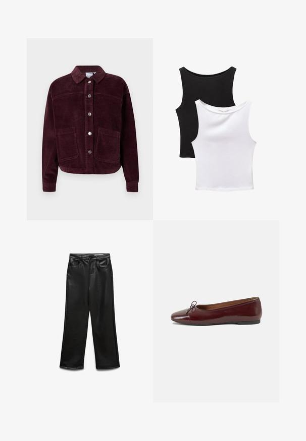 Corduroy jacket in burgundy with a collar, front button closure, and two large patch pockets. Features textured fabric and a cropped fit.; Two sleeveless tops in black and white, made from cotton. Features rounded necklines and a fitted design with smooth texture.; Black faux leather wide-leg pants with front pockets, belt loops, and subtle sheen. Smooth texture and tailored fit.; Burgundy patent leather ballet flat with a rounded toe, small bow accent at the front, and a low, black rubber sole. Smooth texture.