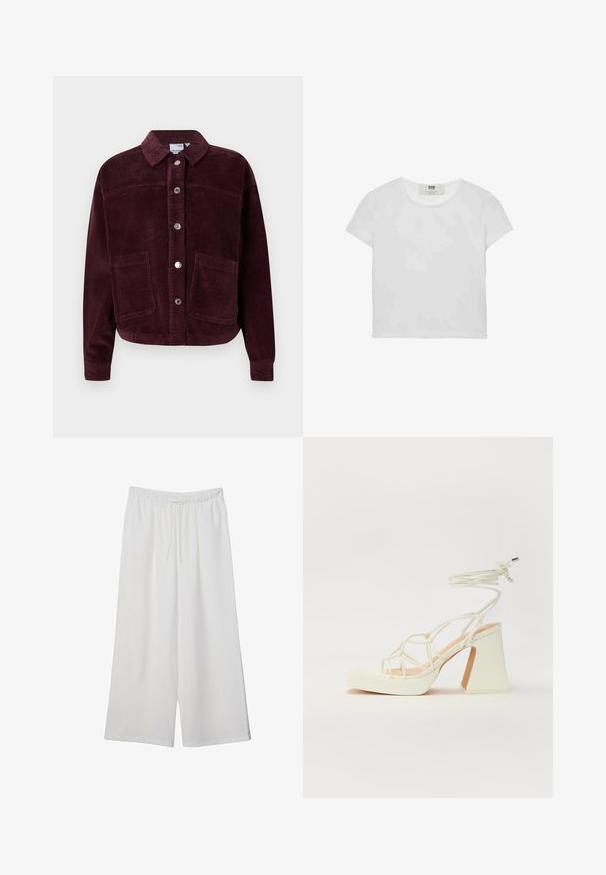 Bordo baršunasti sako s ovratnikom, prednjim kopčanjem na gumbe i dva velika našivena džepa. Sadrži teksturiranu tkaninu i kroj koji se završava iznad struka.; Bijela majica kratkih rukava s okruglim izrezom, izrađena od mekanog pamuka, s jednostavnim, čistim dizajnom bez vidljivih uzoraka ili akcenta.; Bijele hlače širokog kroja izrađene od lagane tkanine, s elastičnim pojasom i vezicom za prilagodljivu veličinu. Glatka tekstura.; Bijela sandala na visokoj potpetici s debelim petom, s remenom i vezanjem oko gležnja. Glatka tekstura s platformom sprijeda za dodatnu visinu.