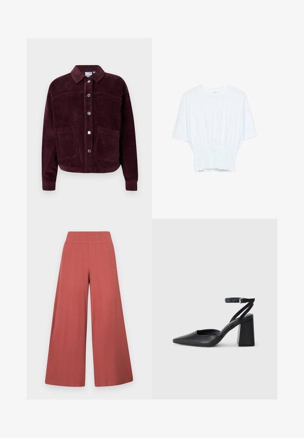 Corduroy jacket in burgundy with a collar, front button closure, and two large patch pockets. Features textured fabric and a cropped fit.; White short-sleeve T-shirt with a relaxed fit and smocked texture at the waist. Made of soft, lightweight fabric.; Wide-leg trousers in a rust color, made from textured fabric with vertical ribbing. Features a high, elastic waistband.; Black leather pointy-toe pump with an ankle strap and a chunky heel. Flat texture, sleek design, and minimalistic aesthetics.