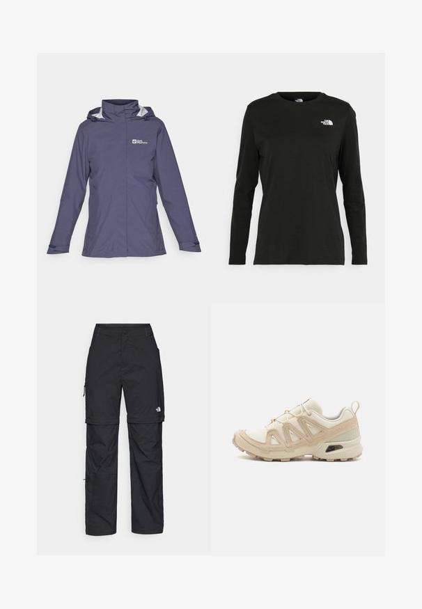 Navy waterproof jacket with a hood, silver accents, long sleeves, and a logo on the chest. Features adjustable cuffs and a front zipper.; Black long-sleeve t-shirt made of cotton with a round neck. Features a small white logo on the left chest area. Simple design and fit.; Black nylon zip-off cargo trousers with adjustable cuffs, multiple pockets, and a logo on the right leg. Smooth, lightweight texture.; Beige and cream athletic shoe with textured mesh upper, supportive overlays, and rubber outsole featuring a tread pattern for traction.