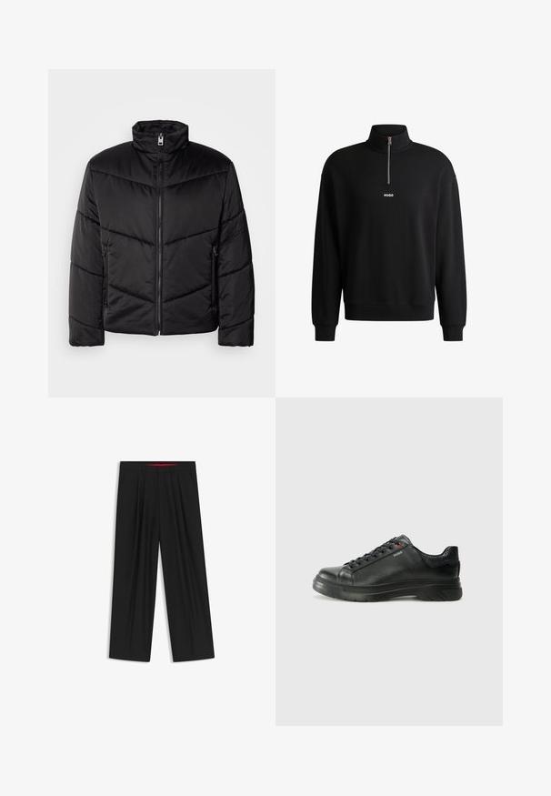 Black puffer jacket featuring a high neck, zip closure, diagonal quilting patterns, and side pockets with zipper details.; Black sweatshirt with a high collar, front zipper, and subtle logo. Made from soft fabric, features ribbed cuffs and hem.; Black wide-leg trousers with a flat front, two side pockets, pleated design, and a contrasting red interior waistband.; Black leather sneaker with textured upper, padded collar, and red logo detail. Features a thick rubber sole with distinct tread pattern.