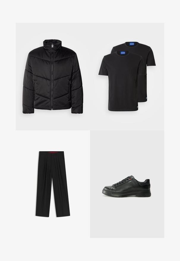 Zwarte pufferjack met hoge kraag, ritssluiting, diagonale quiltpatronen en zijzakken met ritssluitingen.; Twee zwarte katoenen T-shirts met ronde hals, korte mouwen en blauwe "HUGO" labels op de kragen en zijsplitten.; Zwarte wijde broek met een vlakke voorkant, twee zijzakken, geplooid ontwerp en een contrasterende rode binnenband.; Zwarte leren sneaker met een gestructureerde bovenkant, gevoerde kraag en rode logo-details. Heeft een dikke rubberen zool met een opvallend loopvlakpatroon.
