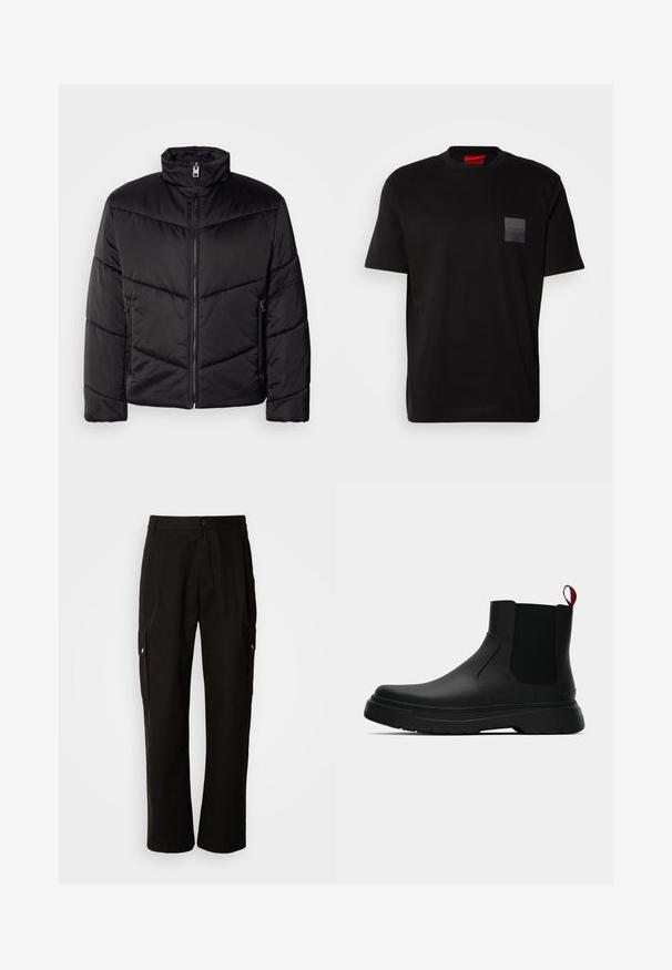 Black puffer jacket featuring a high neck, zip closure, diagonal quilting patterns, and side pockets with zipper details.; Black cotton T-shirt with a crew neck, featuring a textured black patch with logo on the left chest. Short sleeves and relaxed fit.; Black cargo pants made of cotton with a relaxed fit, featuring side pockets, a button closure, and straight legs. Simple design without patterns.; Black ankle boot with a smooth finish, elastic side panels, and a contrasting red pull tab, featuring a thick rubber sole and rounded toe.