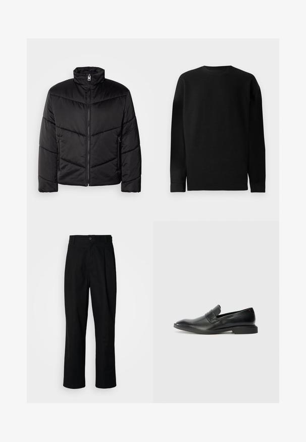Černá péřová bunda s vysokým límcem, zipovým zapínáním, šikmými prošívacími vzory a bočními kapsami se zipovými detaily.; Černý svetr s dlouhým rukávem vyrobený z ribované látky. Vlastnosti zahrnují kulatý výstřih a rovný spodní lem s úzkými manžetami. Jednoduchý a jednobarevný design.; Černé kalhoty s rovnými nohavicemi, s páskem na knoflíky, poutky na opasek a předními záhyby, vystavené na jednoduchém bílém pozadí.; Černé kožené mokasíny s hladkým povrchem, špičatou špičkou a nízkým obdélníkovým podpatkem. Obsahují horizontální páskový detail přes svršek.
