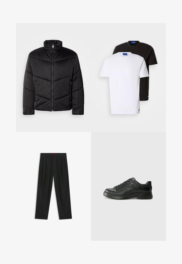 Svart pufferjacka med hög krage, dragkedjestängning, diagonala quiltmönster och sidofickor med dragkedjedetaljer.; Två t-shirts staplade: en vit och en svart. Kort ärm, rund halsringning, bomulls tyg. Har en liten blå logotyp vid halsringningen.; Svarta byxor med vikta detaljer, bred benform och en slät textur. Har en röd midjebandsetikett.; Svart lädersneaker med texturerad ovandel, vadderat krage och röd logotypdetalj. Utrustad med en tjock gummisula med distinkt mönster.