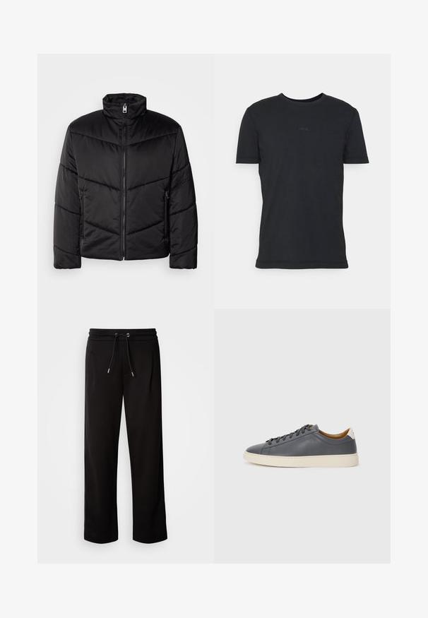 Casaco puffer preto com gola alta, fecho com zíper, padrões de acolchoado diagonais e bolsos laterais com detalhes em zíper.; T-shirt de algodão preto com decote redondo, mangas curtas e o discreto logótipo "BOSS" ao centro. Tecido suave e corte padrão.; Calças de sweat preto, de corte solto, feitas de tecido macio, com uma cintura elástica com cordão e bolsos laterais.; Sapatilha de couro cinza com biqueira redonda, sola de borracha, atacadores planos e detalhes de cor clara no calcanhar. Textura suave e design minimalista.