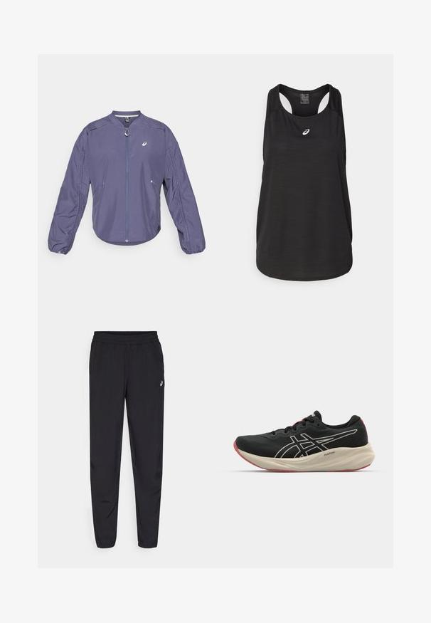 Lahka vijolična jakna s stoječim ovratnikom, polnim zadrgo in elastiko na zapestjih. Ima stranske žepe in logo na prsih.; Črn atletski top brez rokavov, izdelan iz lahkega materiala. Ima okroglo ovratnico, obliko racerback in majhen beli logotip na sprednji strani.; Črne športne hlače z elastičnim pasom, zoženimi nogavicami z manšetami, izdelane iz lahkotnega, gladkega materiala, z majhnim logotipom na stegnu.; Črne tekaške copate z mrežasto zgornjim delom in belimi detajli. Imajo udobno srednjo podplato in rdeč podplat. Lahka zasnova.