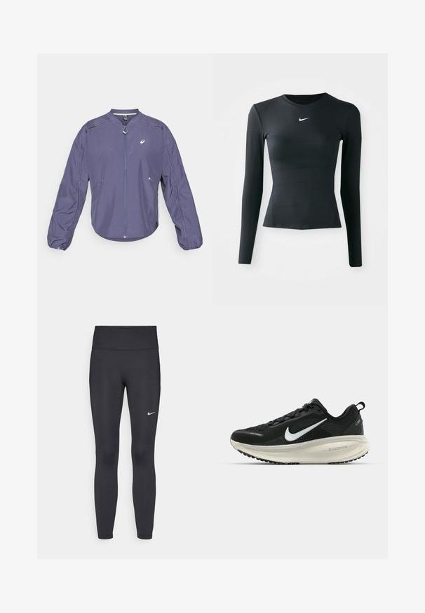 Veste légère violette avec col montant, fermeture éclair complète et poignets élastiqués. Comprend des poches latérales et un logo sur la poitrine.; Haut ajusté à manches longues noir, fabriqué en tissu lisse et extensible. Il présente un col rond et un petit logo Nike blanc sur la poitrine.; Leggings noirs en tissu extensible, dotés d'une taille haute et d'un logo Nike blanc sur la cuisse gauche. Texture lisse, design ajusté.; Baskets de course noir Nike avec tige respirante en mesh, logo swoosh blanc, détails texturés et semelle intermédiaire ZoomX de couleur crème.
