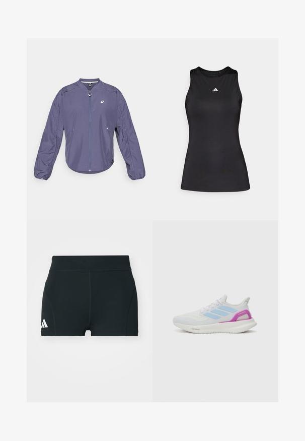 Paarse, lichte jas met een staande kraag, volle ritssluiting en elastische manchetten. Voorzien van zijzakken en een logo op de borst.; Zwart mouwloos sporttop gemaakt van gladde stof. Heeft een ronde halslijn en een klein wit Adidas-logo op de borst.; Zwarte sportieve shorts van rekbaar materiaal, met een hoge tailleband, aangesloten pasvorm en een wit Adidas-logo aan de linkerkant.; adidas Performance PUREBOOST 5 - Hardloopschoenen voor op de weg - white/glow blue/purple burst