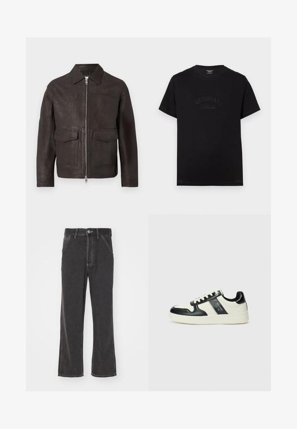 Tummanruskea nahkatakki, jossa on edessä vetoketju, terävä kaulus ja kaksi läpällistä taskua valkoisella taustalla.; Mustat puuvillapaitat lyhyillä hihoilla ja pyöreällä kaula-aukolla. Edessä on tonalisessa kirjonnassa "ORIGINALS Studio".; Mustat farkut, joissa on levenevät lahkeet ja korkea vyötärö, kontrastiväriset saumat, etutaskut sekä napitus. Materiaali vaikuttaa kestävältä ja sileältä.; Nahkakengät musta-kerma värimaailmassa, joissa on rei'itetyt yksityiskohdat, pehmustettu nilkkaosa ja teksturoitu pohja.