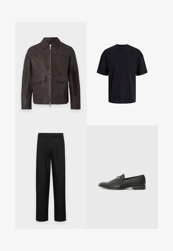 Dark brown leather jacket with front zipper, pointed collar, and two flap pockets on a plain white background.; Black cotton t-shirt with a crew neckline, short sleeves, and a relaxed fit. Smooth texture and no visible patterns or accents.; Black trousers made of smooth fabric, featuring a straight-leg design, two front pleats, and standard waistband with belt loops.; Black leather loafer with a smooth finish, featuring a stitched design and a decorative metal chain accent across the vamp. Flat heel.
