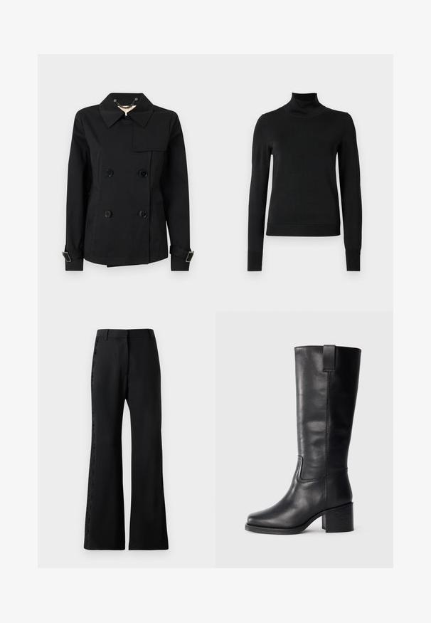 Chaqueta negra de doble botonadura con cuello, que presenta dos bolsillos frontales, botones negros y detalles de hebilla ajustable en los puños.; Suéter negro de manga larga con cuello de tortuga, con puños y dobladillo acanalados, exhibido sobre un fondo blanco liso.; Pantalones acampanados negros de tejido ligero que cuentan con un ribete de encaje a lo largo de los lados. Cintura estructurada y textura suave y estilizada.; Botas de cuero negro hasta la rodilla con una textura suave, punta cuadrada, tacón cuadrado y tirador lateral, con detalles de costura mínimos.