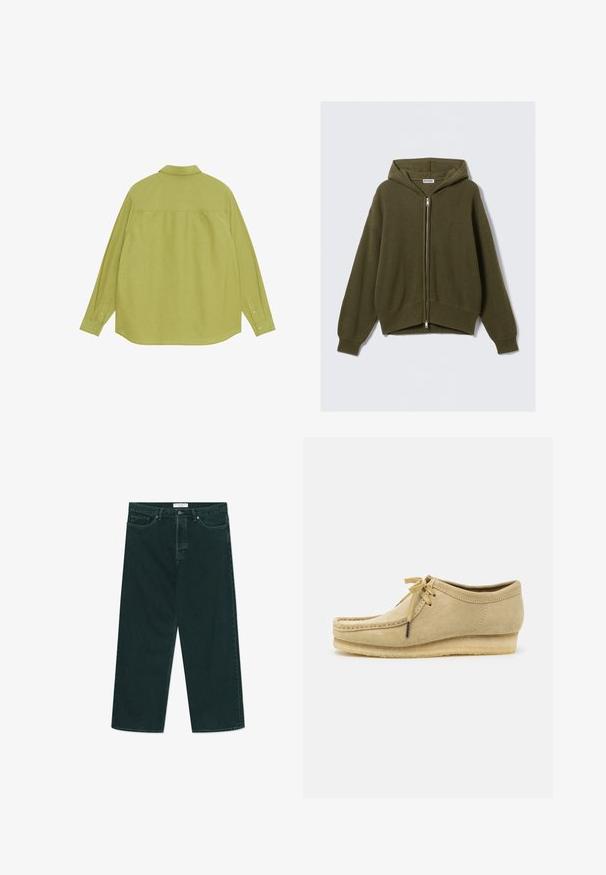 Camicia a maniche lunghe in tessuto verde chiaro con colletto, orlo dritto e polsini abbottonati. Texture liscia con dettagli di design minimi.; Felpa verde oliva a coste con zip frontale, vestibilità ampia, spalle basse e polsini elastici. Presenta un cappuccio foderato e un orlo accorciato.; Felpa a manica lunga con collo rotondo di colore grigio scuro, realizzata in un morbido misto cotone. Presenta polsini e collo a costine con una finitura liscia e leggermente testurizzata.; Jeans in denim verde scuro a gamba larga con chiusura a bottone e zip, tasche anteriori e passanti per cintura, disposti su uno sfondo bianco.; Scarpa in suede beige con design a lacci, dettagli cuciti e suola in gomma. La forma è casual con un leggero tacco a cuneo.