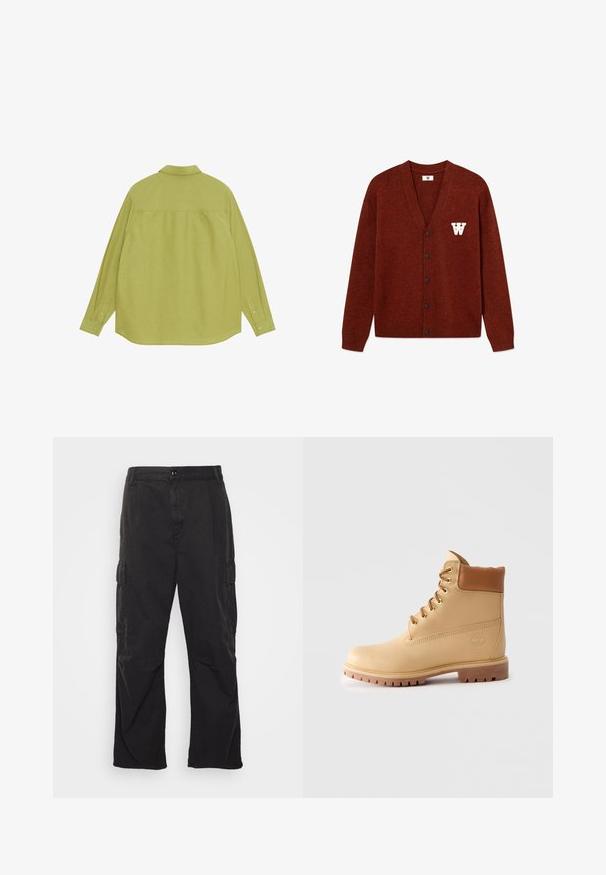 Šviesiai žalia ilgomis rankovėmis marškinėlių medžiaga su apykakle, tiesiu apačia ir sagomis rankogaliuose. Lygus tekstūra su minimaliais dizaino elementais.; DOUBLE A BY W.W. WWTAY CARDIGAN 25081 - Kardiganas - decadent chocolate melange; Balta ilgomis rankovėmis marškiniai su apykakle, priekinė kišenė ir subtili tekstūra. Priekinis užsegimas su mygtukais ir nedidele logotipo detale.; Juodi cargo džinsai su tiesiomis kojomis, su dviem šoninėmis kišenėmis, mygtuko uždarymu ir tekstūruotu audiniu.; Šviesiai rudas odinis kulkšninis batas su paminkštinta apykakle, auksiniais aklais, rusvais raišteliais ir storu protektoriaus padu ant paprasto šviesaus fono.