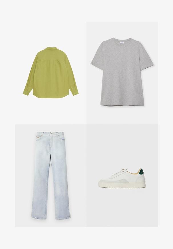 Šviesiai žalia ilgomis rankovėmis marškinėlių medžiaga su apykakle, tiesiu apačia ir sagomis rankogaliuose. Lygus tekstūra su minimaliais dizaino elementais.; Pilkas trumpas rankovėmis marškinėliai, pagaminti iš minkštos, tekstūruotos medžiagos. Turi klasikinį apvalų kaklą ir tiesų apatinį kraštą, tinkamą kasdieniam dėvėjimui.; Šviesiai mėlynos džinsinės kelnės su tiesia kojų forma, pasižyminčios mygtuko uždarymu, penkiais kišenėmis ir kontrastine siūle.; Baltos sportbačiai su zomšos akcentais, apvaliu nosiu, plokščiais raišteliais ir kreminės spalvos guminiu padu. Ant kulno yra žalia ženklinimo detalė.
