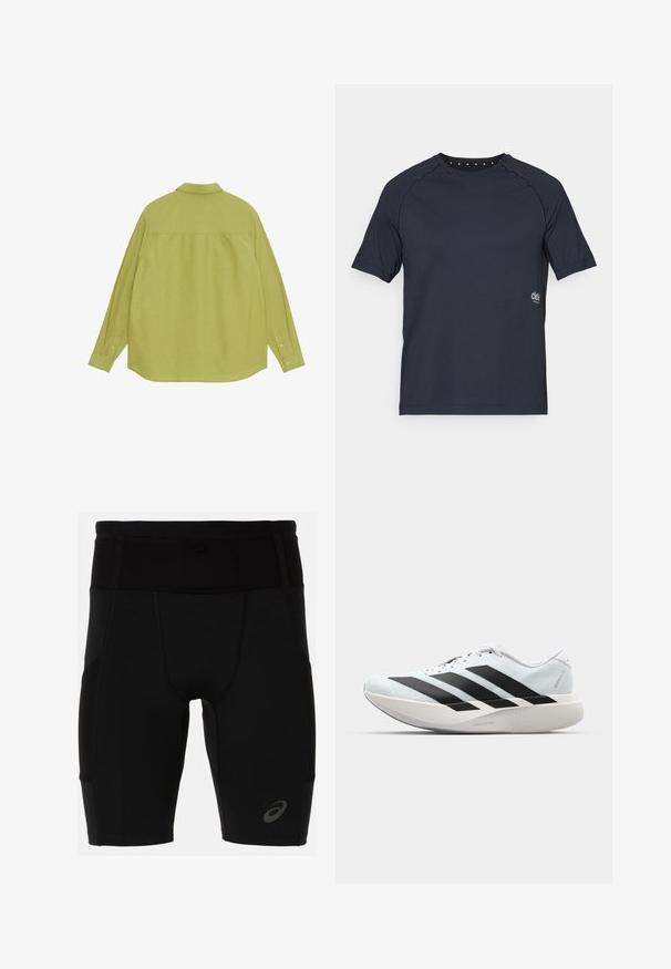 Langsleeve shirt in lichtgroene stof met een kraag, rechte zoom en knoopmanchetten. Gladde textuur met minimale ontwerpdetaillering.; Donkerblauw short-sleeve t-shirt gemaakt van lichtgewicht stof, met een ronde halslijn en kleine oogjesdetails op de rug en een logo aan de voorkant.; Zwarte sportshorts met een getailleerd ontwerp, gemaakt van glad materiaal. Voorzien van een hoge tailleband en een klein logo op het linkeronderbeen.; Lichte hardloopschoenen in lichtblauw met zwarte strepen. Beschikt over een soepele bovenkant, ronde neusstuk en dikke witte tussenzool met het label "LIGHTSTRIKE PRO."