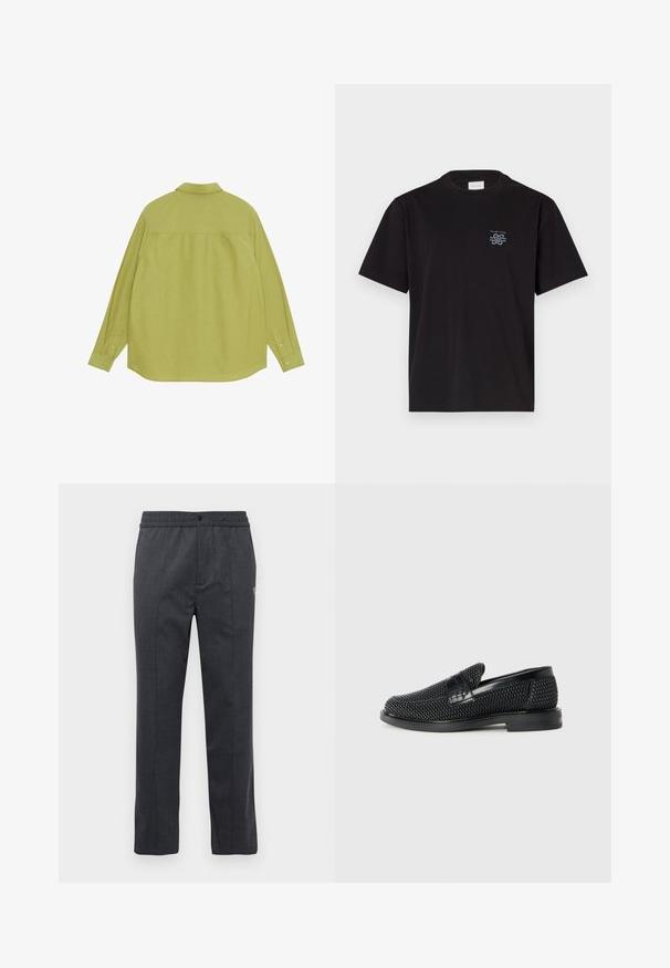 Koszula z długim rękawem w jasnoszarym kolorze, z kołnierzykiem, prostym dołem i mankietami na guziki. Gładka tekstura z minimalnymi detalami designu.; Czarny bawełniany t-shirt z okrągłym dekoltem i krótkimi rękawami. Posiada małe niebieskie logo na lewej piersi. Prosty, prosty krój.; Ciemnoszare spodnie proste z elastycznym pasem, z przodu z zapięciem na guzik oraz subtelnym haftem po prawej stronie.; Czarny, pleciony but wsuwany z gładkim skórzanym akcentem na cholewce, o okrągłym nosku i niskoprofilowej gumowej podeszwie.
