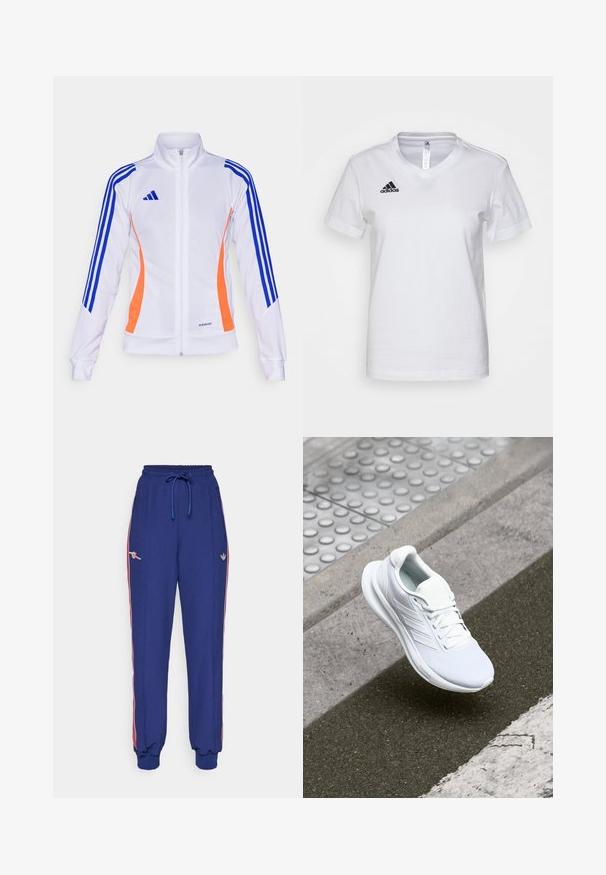 adidas Performance TIRO24 JACKET - Training jacket - white/app solar red/lucid blue; White cotton t-shirt with a V-neck design, short sleeves, and a black Adidas logo on the left chest area. Smooth texture, classic fit.; Blue sweatpants with red side stripes, elastic waistband with drawstring, ribbed cuffs, featuring embroidered logos on the sides.; White athletic shoe featuring a mesh upper, lace-up design, and textured sole. Subtle branding and seamless construction details visible.