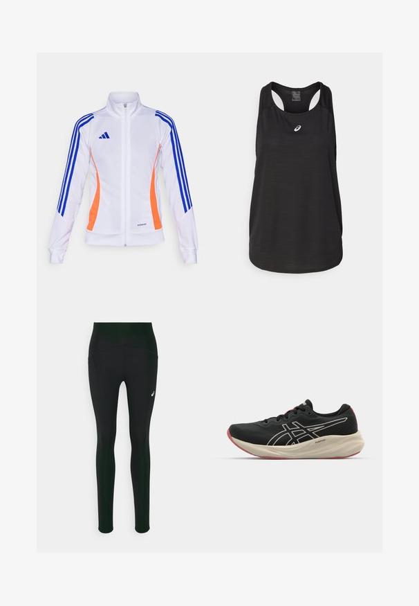 adidas Performance TIRO24 JACKET - Trainingsvest - white/app solar red/lucid blue; Zwarte sportieve tanktop van lichtgewicht stof. Heeft een ronde halslijn, racerback ontwerp en een klein wit logo op de voorkant.; Zwarte leggings met een hoge taille, voorzien van een gladde textuur en zijzakken. Subtiele reflecterende accenten en een logodetail aanwezig.; Zwarte hardloopschoen met een bovenwerk van mesh en witte accenten. Beschikt over een gewatteerde tussenzool en rode details op de buitenzool. Lichtgewicht ontwerp.