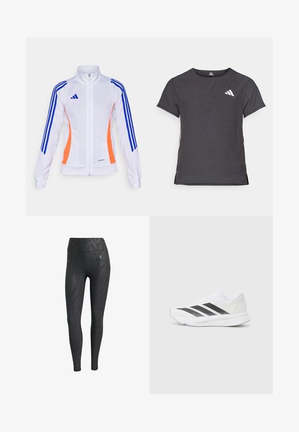 adidas Performance TIRO24 JACKET - Bluză de trening - white/app solar red/lucid blue; Tricou athletic cu mânecă scurtă, gri închis, cu textură perforată. Prezentă un logo alb și dungi contrastante pe laterale. Guler rotunjit.; Leggings negre cu un model tonal de zebră, talie înaltă, textură netedă și un logo Adidas pe șoldul stâng. Realizate dintr-un material elastic.; Săptămână albă de sport cu dungi diagonale negre, partea superioară din plasă, vârf rotunjit și talpă texturată. Accentele includ un toc argintiu și un design minimalism.