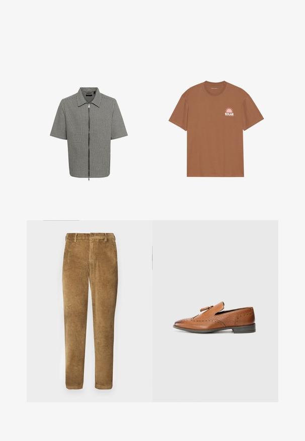 Tričko s krátkym rukávom s čierno-bielym károvaným vzorom, so zipsom vpredu a golierom. Hladká tkanina s voľným strihom.; Hnedé tričko s krátkymi rukávmi vyrobené z bavlny, s ružovou grafikou slnka a textom "SOLAR" na ľavej hrudi. Dizajn s okrúhlym výstrihom.; Hnedé kordové nohavice s vertikálnou ryhovanou textúrou, rovného strihu, s gombíkovým zapínaním a pútkami na opasok. Hladká tkanina s jemným povrchom.; Hnedá kožená topánka s perforovanými detailmi, textúrovanými bočnými stranami, plochou podrážkou a dekoračnou mašľou na hornej časti. Klasický dizajn s hladkým povrchom.