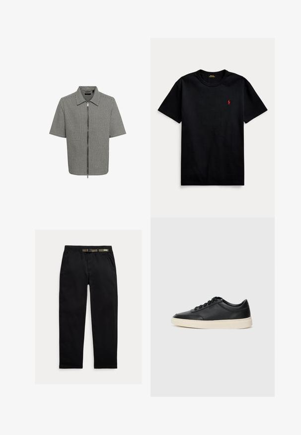 Majica s kratkimi rokavi z črno-belimi kockastimi vzorci, z zadrgo spredaj in ovratnikom. Gladek material z sproščenim krojem.; Črna bombažna majica s kratkimi rokavi, okroglo izrezana in z majhnim rdečim vezenim logotipom na levem prsnem delu. Gladka tekstura, sproščen dizajn.; Črne hlače iz lahkega blaga, z elastičnim pasom in vgrajenim zeleni pasom, ravne noge in stranskimi žepi.; Črne nizke usnjene teniske s črnimi vezalkami in svetlo belo podplatom, prikazane v stranskem profilu na beli podlagi.