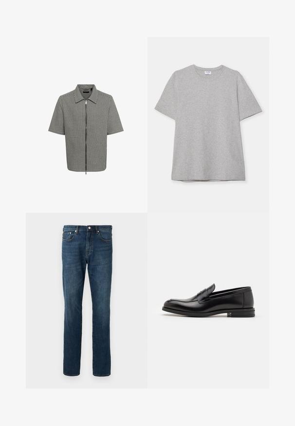 Kortærmet skjorte med et sort-hvidt ternet mønster, lynlås foran og krave. Glat stof med en afslappet pasform.; Grå kortærmet T-shirt lavet af blødt, struktureret stof. Har en klassisk rund hals og en lige kant, velegnet til afslappet brug.; Mørkeblå denim jeans, lige ben, fem lommer, knaplukning, med subtile falmning og syning detaljer. Glat tekstur.; Sorte læderloafers med en glat overflade, rund tå og en dekorativ strop over vampen. Lav hæl med stabeldesign, minimalistisk stil.
