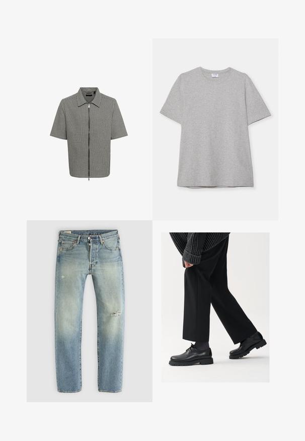 Lühikarvaline särk mustvalge ruudulise mustriga, lukk ees ja kraega kaelus. Sile kangas ja mugav lõige.; Hallhargist lühikeste varrukatega T-särk pehmest, tekstuuriga kangast. Omab klassikalist ümarat kaelust ja sirget allääret, sobides igapäevaseks kandmiseks.; Heledad sinine teksarihm koos sirge säärega, viis taskut, nööbiga sulgemine ning väikesed kulumisaugud vasakul reitel ja paremal põlvel.; Mustad mustad nahast kingad ümarate varvastega, nööridega disain ja paks tekstuurne talla. Kanda koos kohandatud mustade pükstega ja ribadega sviitriga.