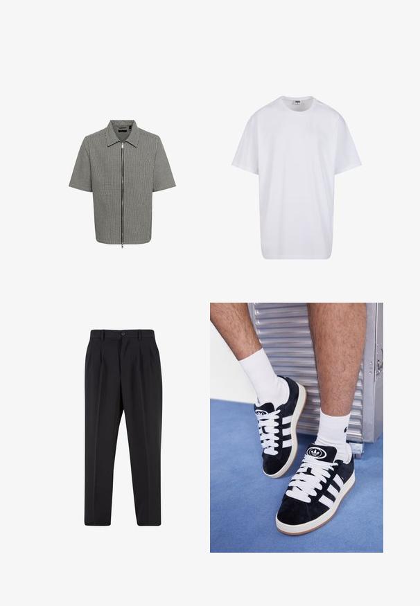 Lühikarvaline särk mustvalge ruudulise mustriga, lukk ees ja kraega kaelus. Sile kangas ja mugav lõige.; Valge puuvillane t-särk lühikeste varrukatega, ümmarguse kaelusega, lõdva lõikega ja ilma nähtavate logodeta või mustriteta. Sile tekstuur ja minimaalne disain.; Mustad püksid, millel on voltidega eesmine disain, valmistatud siledast kangast. Omab nup closure ja vöökinnitusauke; sirge jalgade lõige.; Mustad nahkjalatsid valgete paelte ja kolme valge triibuga. Omab ümmargust musta logo keele peal ning kummist tallat.