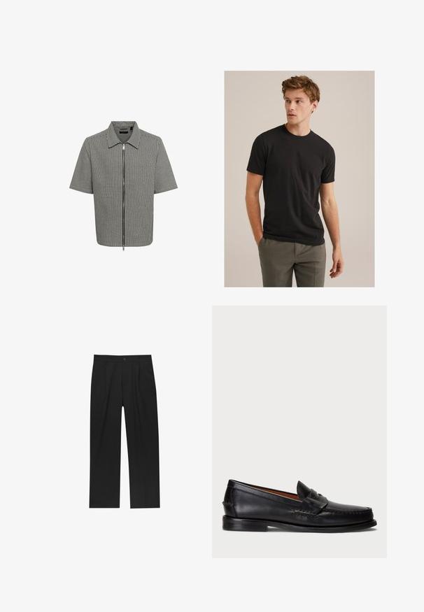 Cămașă cu mânecă scurtă, cu un model în carouri alb-negru, cu fermoar în față și guler. Țesătură netedă, cu o croială lejeră.; Tânăr cu părul buclat de culoare brunet deschis, purtând un tricou negru cu mânecă scurtă și pantaloni gri, privind spre stânga cu mâinile în buzunare.; Pantaloni negri cu un design drept, fabricați dintr-un material neted. Au plisse în față și un sistem de închidere cu un singur buton la talie.; Mocasini din piele neagră cu vârful rotunjit, detalii cusute și o curea decorativă în partea din față. Talpă plată cu un profil minim.