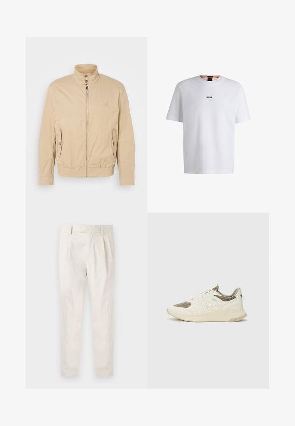 Beige lett jakke med høy krage, glidelås foran, sidelommer og elastiske mansjetter. Teksturert stoff med en subtil glans.; Hvit bomulls T-skjorte med korte ermer, med en svart "BOSS" logo sentrert på brystet og rund halsdesign.; Hvite, pregede bukser med skreddersydd passform, som har en jevn tekstur, beltehemper og avsmalnende ben. Ingen synlige lommer eller mønstre.; Hvit og lysebeige treningssko, med en mesh-overdel, perforerte detaljer og en teksturert mellomsåle med merkevare på hælen.