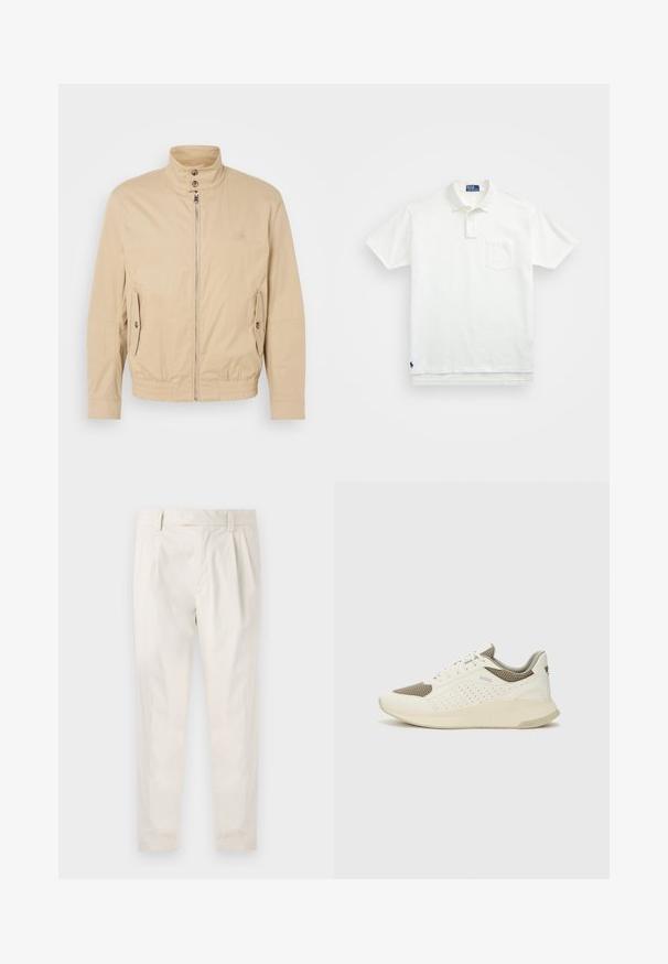 Casaco leve bege com gola alta, fecho frontal, bolsos laterais e punhos elásticos. Tecido texturizado com um brilho subtil.; Polo branca feita de algodão, com colarinho clássico, lista de três botões e um bolso no peito esquerdo; pequeno logótipo na bainha.; Calças brancas pregueadas com um corte ajustado, apresentando uma textura suave, passantes de cinto e pernas afuniladas. Sem bolsos visíveis ou padrões.; Sapatilha atlética branca e bege claro, com parte superior em malha, detalhes perfurados e uma entressola texturizada com marcação no calcanhar.