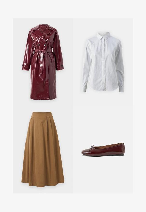 Svetleč maroon dvojni plašč z širokimi reverji, pasom na vezanje, stranskimi žepi in gumbnimi manšetami.; Bela srajca z gumbki, narejena iz gladkega bombaža, s klasičnim ovratnikom, dolgimi rokavi in ukrivljenim robom. Gumbi so majhni in beli.; Rjava bombažna A-linijska krila z visokim pasom, ki vključuje naborke spredaj in gladko teksturo. Robovi so čisti in preprosti.; Burgundska patenti usnjeni baletni čevlji z zaobljenim prstom, majhnim lokom na sprednji strani in nizkim črnim gumijastim podplatom. Gladka tekstura.