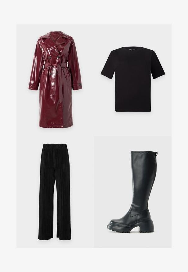 Skinnende bordeaux dobbeltbrettet trenchcoat med brede revers, beltedal, sidelommer og knapper på ermene.; Svart t-skjorte med korte ermer og rund hals, laget av mykt bomullsstoff. Enkelt design, ingen synlige logoer eller mønstre.; Sorte plisserte bukser med elastisk midje. Har vide ben og et glatt, strukturert stoff med vertikale striper.; Høy svart lærstøvel med chunky plattformsåle og blokkhelt, med trekkstang og teksturert mønster på yttersålen.