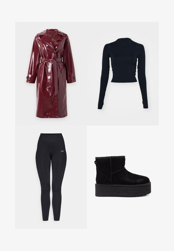 Abrigo trinchera de doble botonadura en color burdeos brillante, con amplios solapas, cintura ceñida con cinturón, bolsillos laterales y puños abotonados.; Top corto negro de manga larga con un cuello alto. Fabricado con un material suave y ajustado, sin patrones ni acentos visibles.; Leggings negros con una cintura alta, hechos de una tela suave y elástica. Presentan un pequeño detalle con el logo cerca de la cintura.; Botines de ante negro con una suela de plataforma gruesa y forro suave. Terminado con acentos de costura y una lengüeta trasera para facilitar su colocación.