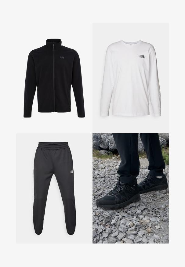 Black fleece jacket with a high collar and full zip, featuring side pockets and a small logo on the chest for a clean, minimalist design.; White long-sleeve T-shirt made of cotton with a crew neck. Features a small black logo on the chest. Smooth texture, regular fit.; Black sweatpants with a drawstring waist, tapered fit, elastic cuffs, and a small white logo on the left thigh, made from smooth fabric.; Black outdoor shoes with mesh and synthetic material, featuring a textured upper, secured lacing system, and a rugged outsole, on rocky terrain.