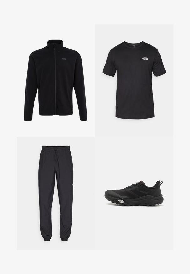 Must karvane jope kõrge kraega ja täispikkuses lukuga, millel on küljetaskud ja väike logo rinnal, pakkudes puhast ja minimalistlikku disaini.; Must have lühikeste varrukatega must T-särk, mis on valmistatud puuvillast, ümmarguse kaelusega ja väikese valge logoga vasakus ülanurgas.; Mustavad sportlikud püksid, mis on valmistatud kergest kangast, joonlauaga taljest, küljetaskudega ja kitsenevate varrukatega pahkluude juures.; Must tume jooksujalats musta värvi, tekstuurse ülemise osaga, kummist tallaga ja tugevdatud varbaga. Omab pehmendusega krae ja tõmblinti mugavaks selga panemiseks.