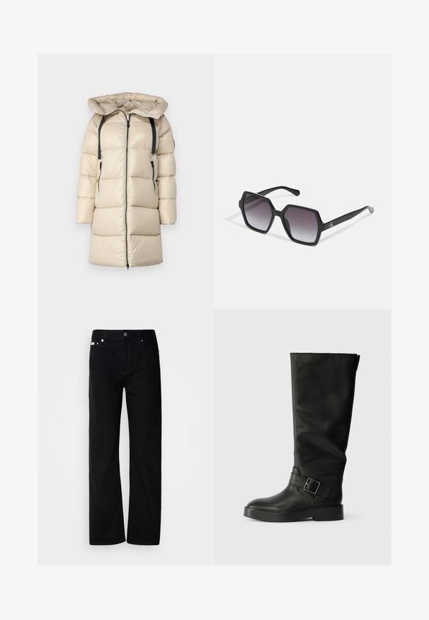 Beżowa kurtka puchowa z kapturem, z zamkiem błyskawicznym z przodu, poziomym przeszyciem, dwiema bocznymi kieszeniami oraz regulowanymi czarnymi paskami na ramionach.; Czarna bawełniana koszulka z okrągłym dekoltem, krótkimi rękawami i niebieskim haftowanym logo "Calvin Klein JEANS" z przodu.; Czarne dżinsowe spodnie straight-leg z pięcioma kieszeniami, srebrnymi nity i zapięciem na guziki. Materiał ma gładkie, lekko teksturowane wykończenie.; Czarne kozaki za kolano wykonane z gładkiej skóry, z okrągłym noskiem, grubą podeszwą i poziomym paskiem z prostokątną klamrą.; Czarne, sześciokątne okulary przeciwsłoneczne z gradientowymi soczewkami, o błyszczącym wykończeniu i subtelnym logo na zauszniku. Wykonane z trwałego plastiku.