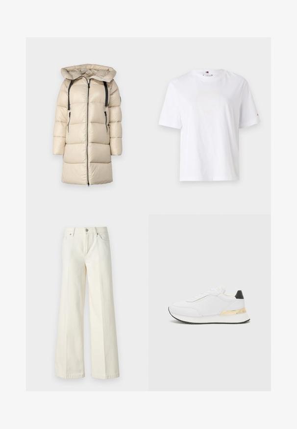 Bežinė pūkinė striukė su gobtuvu, su užtrauktuku priekyje, horizontaliais siūlais, dviem šoniniais kišenėmis ir reguliuojamomis juodomis juostomis ant pečių.; Balta medvilninė marškinė su apvalia kaklo išpjova, trumpomis rankovėmis ir subtiliu geltonu logotipu, kuris sako "HILFIGER NEW YORK 1985." Standartinio kirpimo.; Platūs balti džinsai, pagaminti iš medvilnės mišinio. Yra užtrauktukas, penkių kišenių dizainas ir siūlės išsiuvinėjimas.; Balti sportbačiai su lygiu paviršiumi, su juodu kulno akcentu ir auksiniu metaliniu detaliu ant tarpiklio. Laidiška konstrukcija, guminis padas.