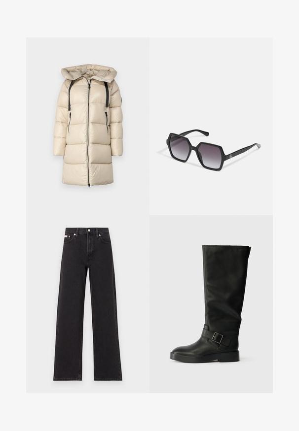 Beige Daunenjacke mit Kapuze, mit Reißverschluss vorne, horizontalen Nähten, zwei Seitentaschen und verstellbaren schwarzen Trägern an den Schultern.; Schwarzes Baumwoll-T-Shirt mit Rundhalsausschnitt, kurzen Ärmeln und weißem Druck des "Calvin Klein" Logos sowie dem Text "Established 1968".; Schwarze weit geschnittene Jeans aus Denim mit einem hoch sitzenden Bund, fünf Taschen und einem Metallknopfverschluss mit kontrastierendem Nähte.; Schwarze kniehohe Stiefel aus glattem Leder, mit runder Zehenpartie, dicker Sohle und einem horizontalen Riemen mit rechteckiger Schnalle.; Schwarze hexagonale Sonnenbrille mit Verlaufsgläsern, glänzender Oberfläche und dezentem Branding am Bügel. Aus langlebigem Kunststoff gefertigt.