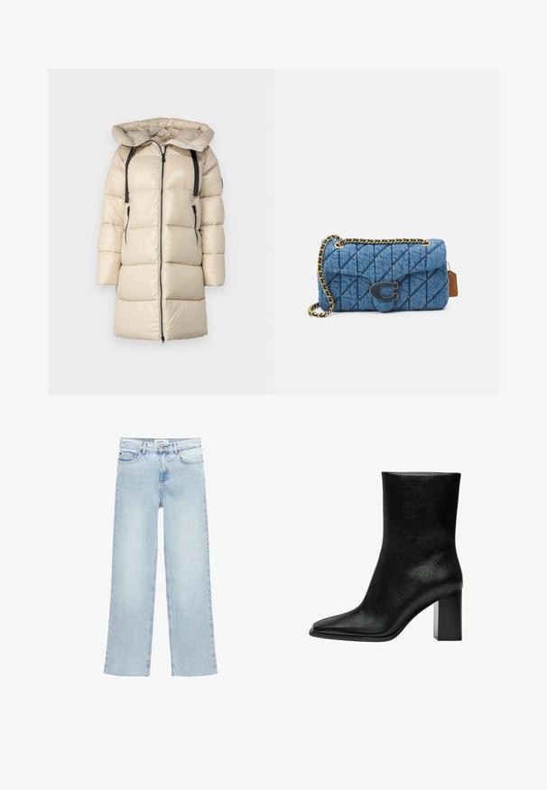 Béžový puffový kabát s kapucňou, so zipsovým zapínaním vpredu, horizontálnym prešívaním, dvoma bočnými vreckami a nastaviteľnými čiernymi popruhmi na pleciach.; Biela bavlnená tričko s okrúhlym výstrihom, krátkymi rukávmi a priliehavým strihom. Hladká textúra bez vzorov alebo ozdôb.; Svetlo modré široké džínsy vyrobené z denimu s vysokým pásom, piatimi vreckami a zapínaním na gombíky. Obsahujú minimálne švy.; Čierne členkové topánky z hladkej kože, s špicatou špičkou a robustným obdĺžnikovým podpätkom. Minimalistický dizajn bez ozdôb.; Modrá prešívaná denníková taška na rameno so zlatým reťazovým popruhom a výrazným zlatým logom na prednej strane. Kompaktný obdĺžnikový tvar.