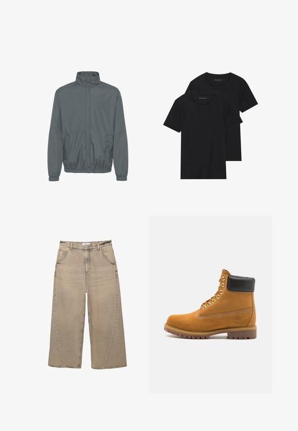 Grijze lichtgewicht jas met hoge kraag, rits aan de voorkant, elastische manchetten en zijzakken. Soepele stof met een lichte glans.; Twee zwarte katoenen t-shirts met korte mouwen, ronde halslijnen en een gladde textuur, gepresenteerd op elkaar gestapeld.; PULL&BEAR MEGA BAGGY - Baggy jeans - light grey; Tan suède enkelboot met zwart gevoerd kraagje, gouden metalen oogjes, witte stikdetails en een robuuste rubberen zool met uitgesproken profiel.