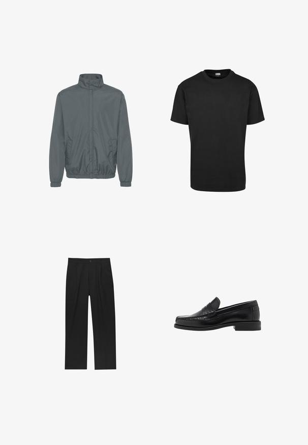 Gray lightweight jacket with a high collar, zip front, elastic cuffs, and side pockets. Smooth material with a slight sheen.; Black cotton T-shirt with a crew neckline, short sleeves, and a straight hem. Smooth texture; simple, unadorned design.; Black pants with a straight-leg design, made from a smooth fabric. Features front pleats and a single button closure at the waist.; Black leather loafers with a smooth finish, stitched detailing on the toe, and a low heel design for comfort and style.