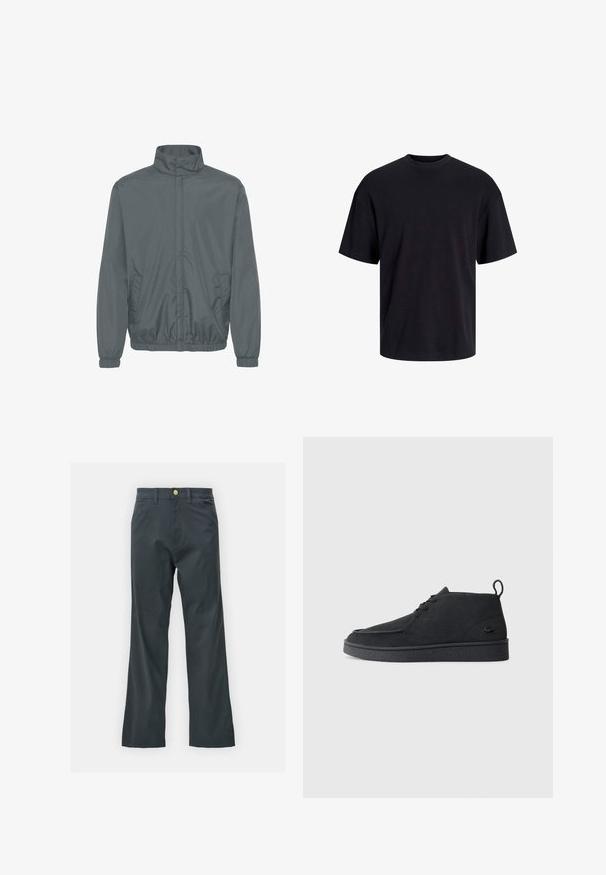 Gray lightweight jacket with a high collar, zip front, elastic cuffs, and side pockets. Smooth material with a slight sheen.; Black cotton t-shirt with a crew neckline, short sleeves, and a relaxed fit. Smooth texture and no visible patterns or accents.; Black pants with a straight leg cut, made from cotton blend fabric. Features a metal button closure and side pockets. No visible patterns.; Black suede lace-up ankle boot with pull tab and textured sole, featuring small embossed crocodile logo on the side.