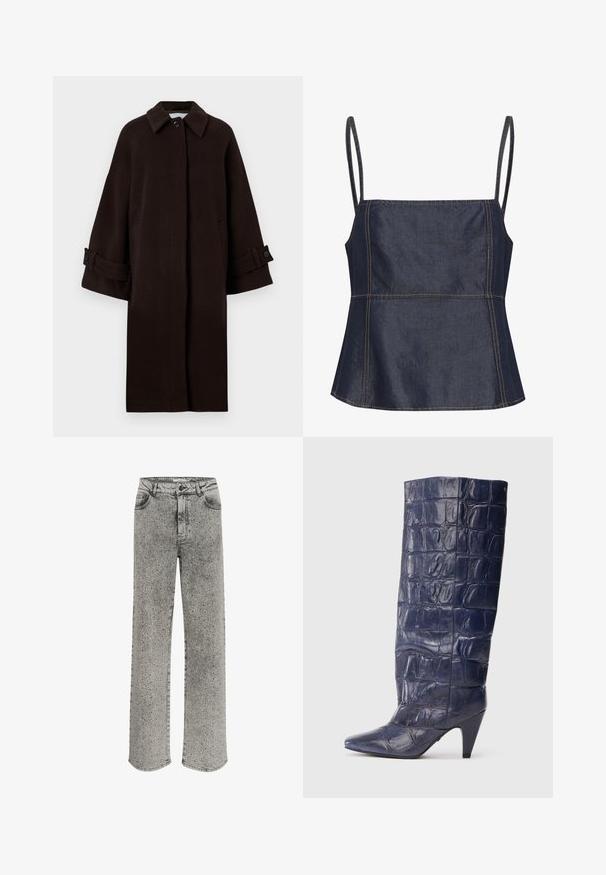 Brown woolen coat with a collared neckline, raglan sleeves, front button closure, and side pockets. Features cuff straps with buttons.; Dark denim sleeveless top with a square neckline, angular sections, and visible stitching accents. Flat, smooth texture.; Gray denim jeans with a straight leg design, adorned with silver studs throughout. Features a classic five-pocket style and button closure.; Navy blue knee-high leather boot with crocodile pattern, pointed toe, and mid-height angled heel on plain background.