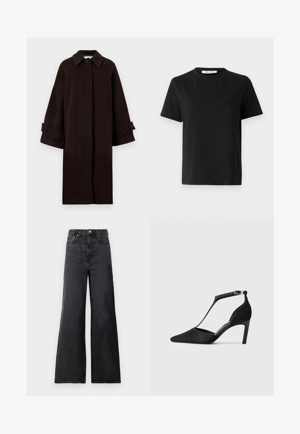 Casaco de lã castanho com gola e gola alta, mangas raglan, fecho frontal com botões e bolsos laterais. Apresenta tiras de punho com botões.; T-shirt preto de manga curta feito de algodão suave, com decote redondo, ajuste descontraído e uma textura suave. Sem padrões ou gráficos visíveis.; Jeans flare em denim preto com cintura alta, apresentando um fecho de botão em metal, bolsos frontais e um desbotado subtil no tecido.; Sapata alta preta com bico fino, tiras finas no tornozelo com detalhe em metal dourado e um acabamento de textura suave.
