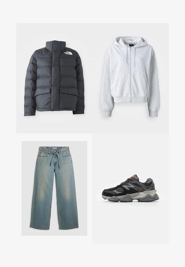 Čierna nafúknutá bunda s vysokým golierom, prešívaným dizajnom, zipsom vpredu a dvoma prednými vreckami. Obsahuje biele logo na ľavej hrudi.; Svetlošedá mikina s predným zipsom, kapucňou a dvoma prednými vreckami. Obsahuje rebrované manžety a lem, a jemné logo na hrudi.; Modrá bavlnená tričko s krátkymi rukávmi, námorníckym lemovaním, s nápisom "new balance" a kvetinovými vzormi v bielej a žltej farbe na prednej strane.; Svetlomodré široké džínsy vyrobené z denimu, s uzáverom na šnúrku a jemným vyblednutím. Obsahujú dve predné vrecká a uvoľnený strih.; Čierne a šedé tenisky s kombináciou semišu a sieťoviny, hrubou podrážkou, výrazným logom a červeným akcentom na jazyku.